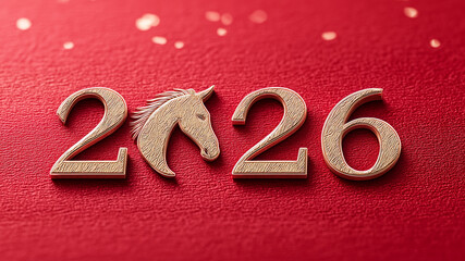 Minimalist red matte background with embossed golden number 2026. Elegant backdrop for corporate New Year branding or festive poster.