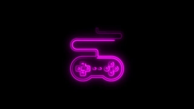 Pink neon outline of a video game controller with cord on black gamepad joystick - Powered by Adobe