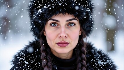 Young woman with blue eyes in black fur hat and coat standing in falling snow with braided hair