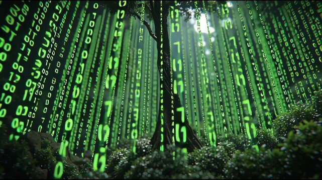 Futuristic tree among digital data streams, vibrant green foliage contrasted with glowing code, symbolizes nature and technology.