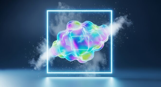A glowing holographic cloud with iridescent rainbow colors floating inside a bright neon square frame against a dark blue background. The surreal and futuristic composition features soft mist, luminou