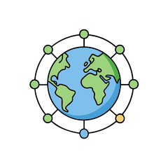Stylized illustration of planet earth with connecting nodes representing global connections and communication isolated on white background