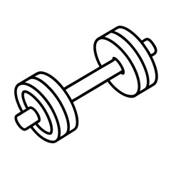 A simple white icon of a barbell with multiple weight plates on each side isolated on white background