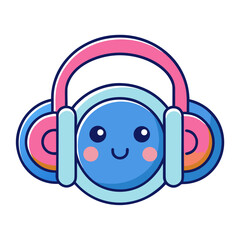 Adorable blue character with happy expression wearing colorful headphones isolated on white background