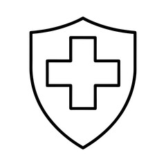 A white shield with a thick black outline containing a white plus sign symbol isolated on white background