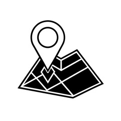 Stylized white map pin icon placed on a simplified geometric map illustration isolated on white background