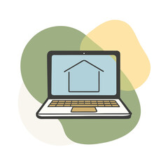 Digital illustration of a modern laptop displaying a simple house icon on its screen isolated on white background