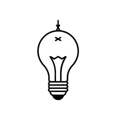 A simple white outline illustration of a light bulb with an x mark on its top isolated on white background