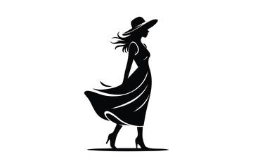 Silhouette of a woman wearing a hat and dress isolated on white background