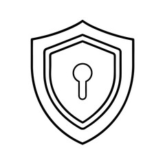 A white shield icon with a keyhole in the center representing security and protection isolated on white background