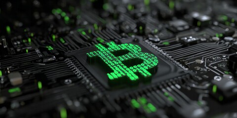 Digital currency symbol glows with binary code atop a complex electronic circuit board