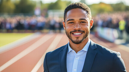 Smiling businessman ready to start on running track outdoors