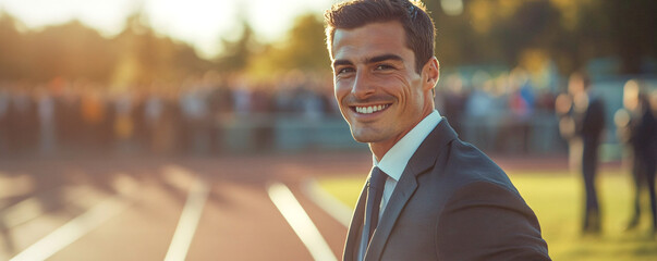 Smiling businessman ready to start on running track outdoors