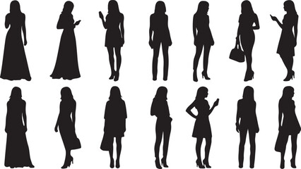 Vector illustration set of women's silhouettes in various standing poses. A collection of anonymous black female figures in fashionable modern and formal wear