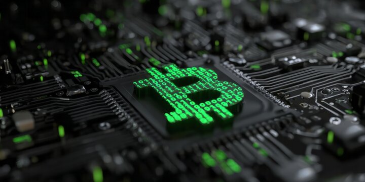 Digital currency symbol glows with binary code atop a complex electronic circuit board - Powered by Adobe