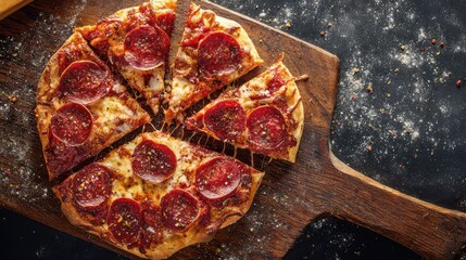 hunger. A delicious pepperoni pizza sits on a rustic wooden board, captured from an overhead angle. representing modern convenience.