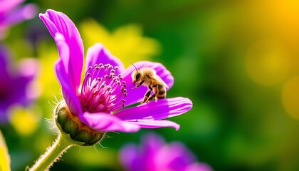 Close-up of a bee on a pink flower with blurred green and yellow background honey bee insect