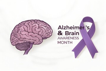 Alzheimer's & Brain Awareness Month graphic with a purple ribbon and brain illustration, a campaign to raise support for dementia and memory loss research.
Generative Ai.