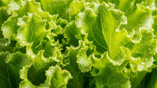 Closeup of fresh green lettuce leaves with water droplets