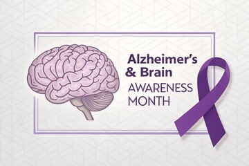 Promotional banner for Alzheimer's & Brain Awareness Month, featuring a purple ribbon and brain icon to support dementia and memory care research.
 Generative Ai.