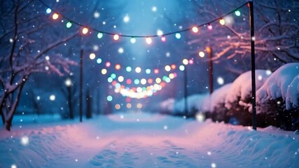 A festive Christmas scene featuring lights, Christmas ambience, snow falling outside, Christmas ambience videos, Christmas decoration, snow falling outside, Christmas lights and snow falling