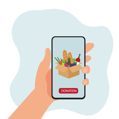 Hand holding smartphone with donation app. Concept for charity online service. Charity food donation box with full of food vector illustration.
