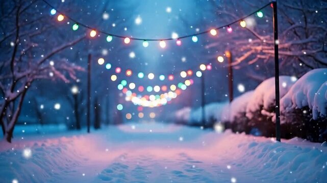 A festive Christmas scene featuring lights, Christmas ambience, snow falling outside, Christmas ambience videos, Christmas decoration, snow falling outside, Christmas lights and snow falling