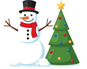 colourful snowman with Christmas tree vector art flat design ready for card, poster or other uses.