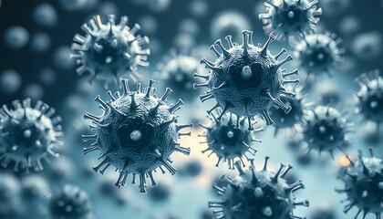 Microscopic view of blue virus particles with spikes in a defocused background science biology