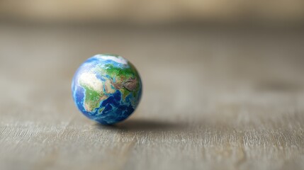 atlas. Miniature globe resting on a wooden surface with soft lighting, representing exploration and global themes. tourism brochures.