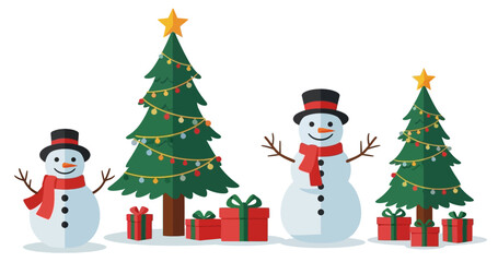 colourful snowman with Christmas tree vector art flat design ready for card, poster or other uses.