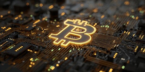 Glowing digital currency symbol illuminates intricate electronic circuitry in a dark setting