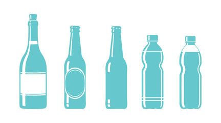Bottle icon collection. Includes wine, beer, and water bottles, vector images set against a white backdrop. Multicolored drink illustrations.