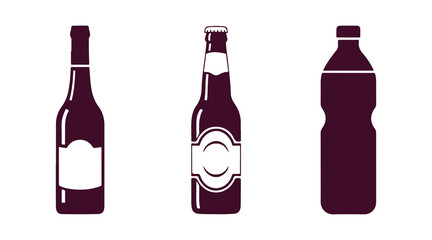 Bottle icon collection. Includes wine, beer, and water bottles, vector images set against a white backdrop. Multicolored drink illustrations.