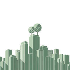 Stylized Green City Skyline with Trees on Rooftops buildings skyscrapers