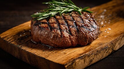 prime. Perfectly grilled steak on a wooden board, garnished with fresh herbs for a rustic appeal. menu design, packaging mockups, designed for culinary blogs and recipe cards for restaurants.