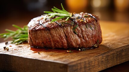 prime. Perfectly grilled steak on a wooden board, garnished with fresh herbs for a rustic appeal. menu design, packaging mockups, designed for culinary blogs and recipe cards for restaurants.