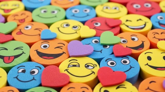 Colorful emoji faces background with hearts cute smiley faces happy expressions emoticon face design art