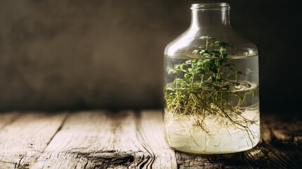 carboy. Clear glass carboy with floating green plant and visible roots on rustic wooden surface. gardening catalogs, home-decor guides, designed for home decor and floral branding.