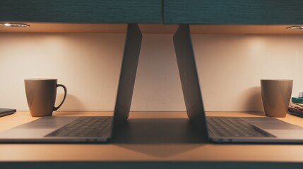 systematizing. A shared minimalist workstation with two laptops and matching coffee cups under soft lighting. lifestyle magazines.