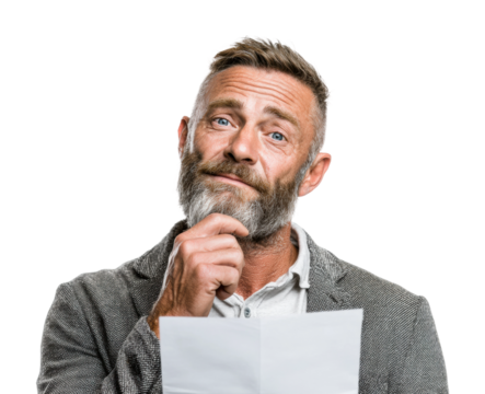 Contemplative man holding paper portrait neutral isolated on transparent background