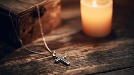 necklace. A silver cross necklace on a weathered wooden table lit by warm candlelight. event programs, museum guides, designed for cultural heritage projects and event programs.