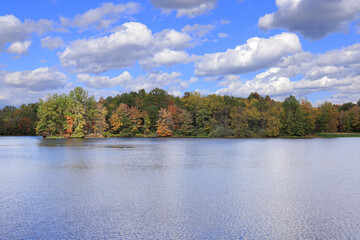 Tranquil Autumn Scene at Stanfield Lake with Clouds and Trees