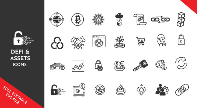 Essential vector icon collection for Decentralized Finance (DeFi), Web3, and digital assets. Symbols for blockchain, crypto trading, smart contracts, NFT, security, and governance. Fully editable.