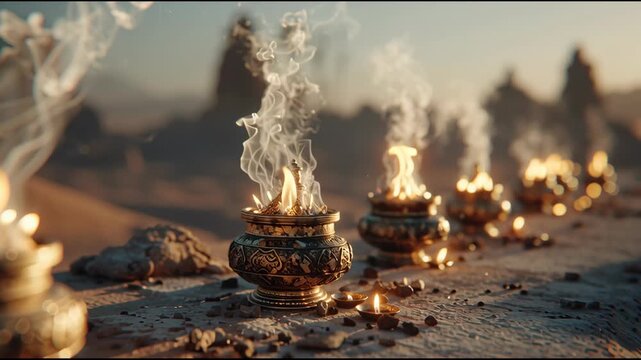 Rows of traditional oil lamps glowing warmly, creating an inviting atmosphere, ideal for cultural celebrations or gatherings.