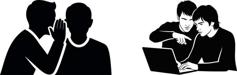 Two business scenes showing collaboration and secrets with silhouettes and figures working on a laptop