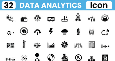 Collection of 32 data analytics icons representing various business and technology concepts for digital design