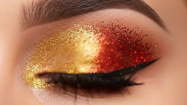 Gold and red glitter eyeshadow tutorial for a stunning eye makeup look step by step guide easy to follow