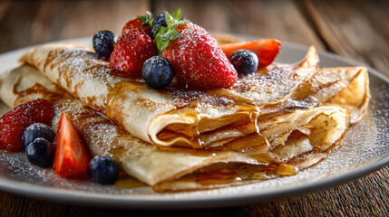 Thin Golden Crepes Served With Fresh Strawberries Blueberries And Syrup. Golden Crepes Delight
