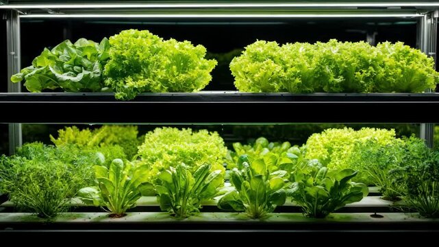 Medium shot of multilayer indoor vertical farming system with rows of diverse vegetables growing under energyefficient LED lights.
